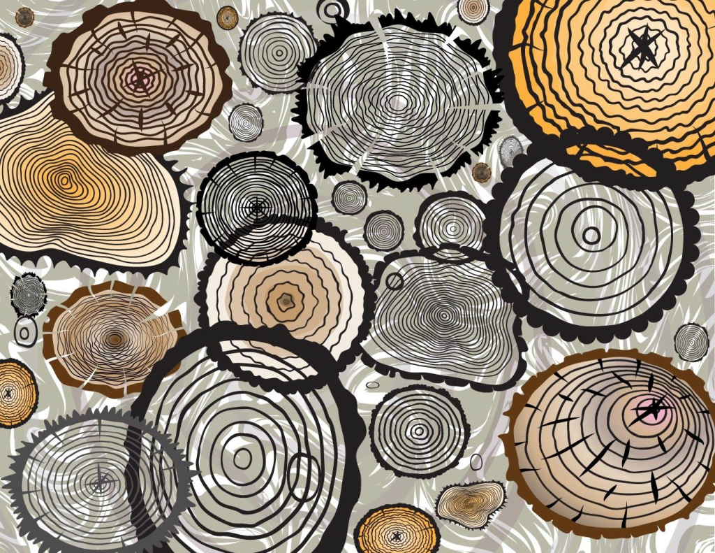 Graphic art of several nested circles, with the effect of looking like several cross sections of trees.