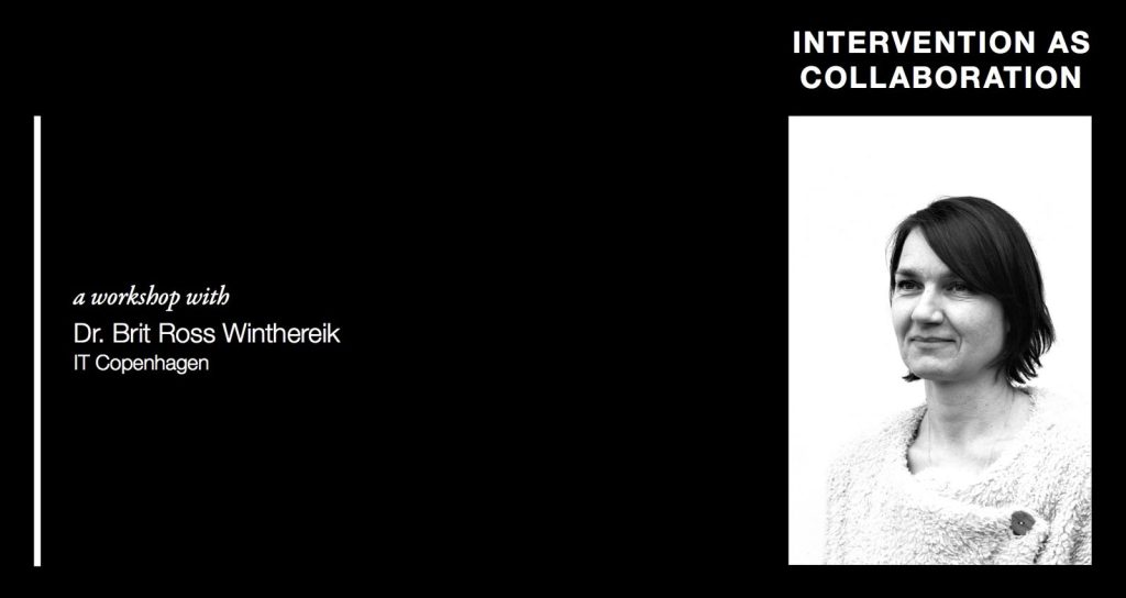 Poster for Intervention as Collaboration workshop. It features a headshot of a person with short straight dark hair softly smiling while looking past the camera.