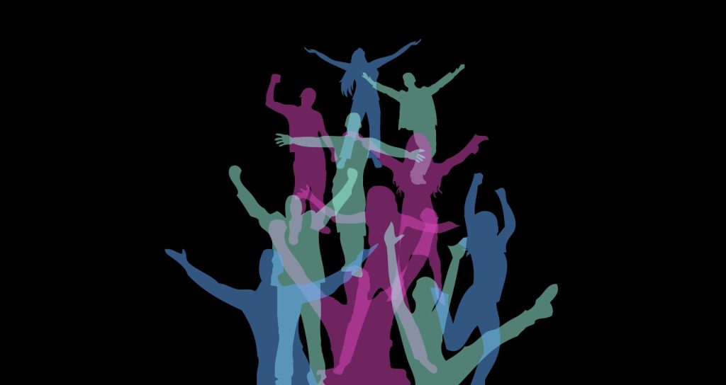 Graphic of green, purple, and blue silhouettes of people in various poses, overlapping on a black background.