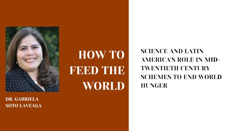 Poster for “How to Feed the World” talk. It includes a headshot of a smiling person with long brown hair.