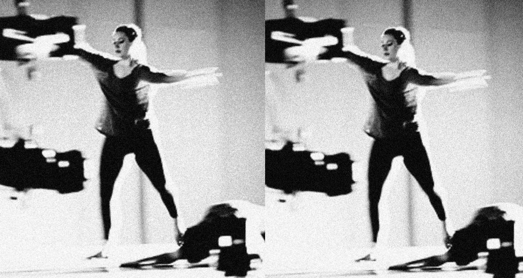 The same black-and-white image duplicated side by side, of a person in motion, perhaps dancing.