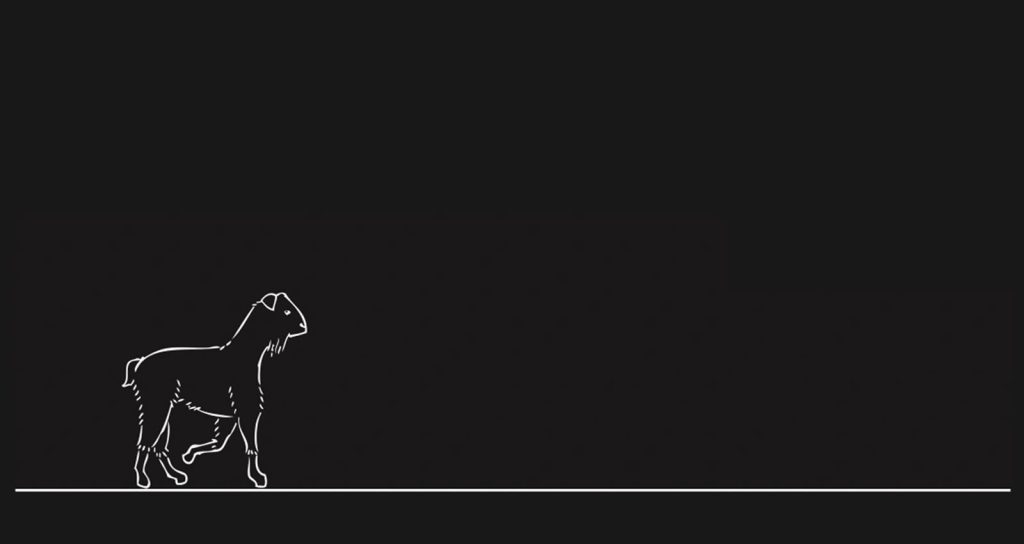 A white sketch of a goat against a black background.