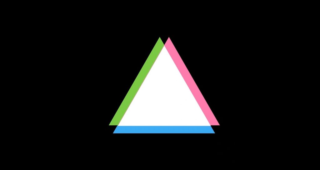 Graphic of a white triangle with green, pink, and blue edges on a black background.