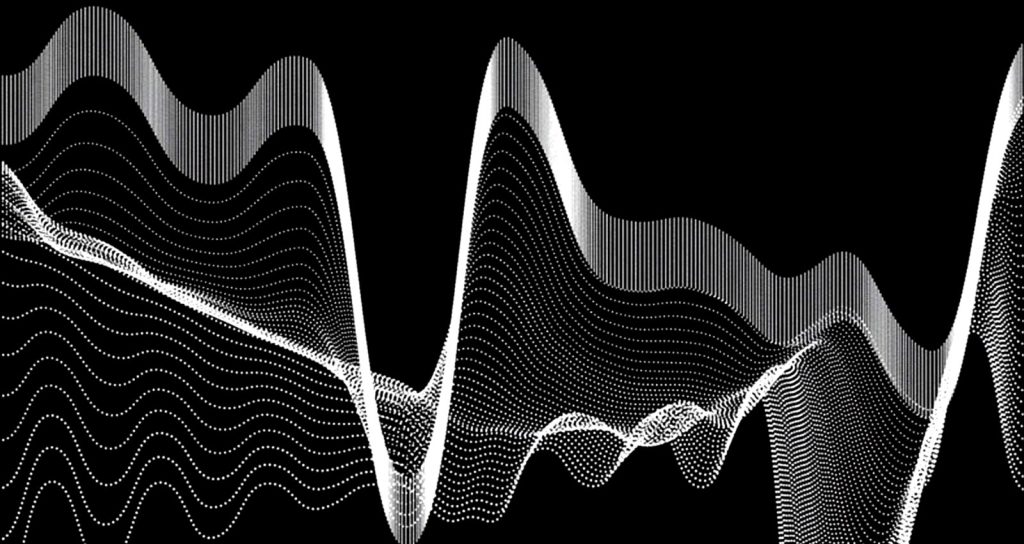 Graphic of white lines and dots in the shape of something that evokes a sound wave against a black background.