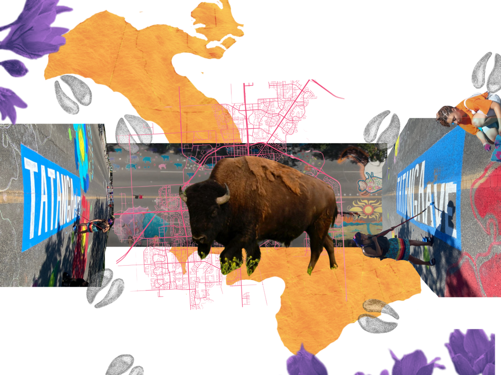 Collage image featuring a bison and other colorful abstract shapes.