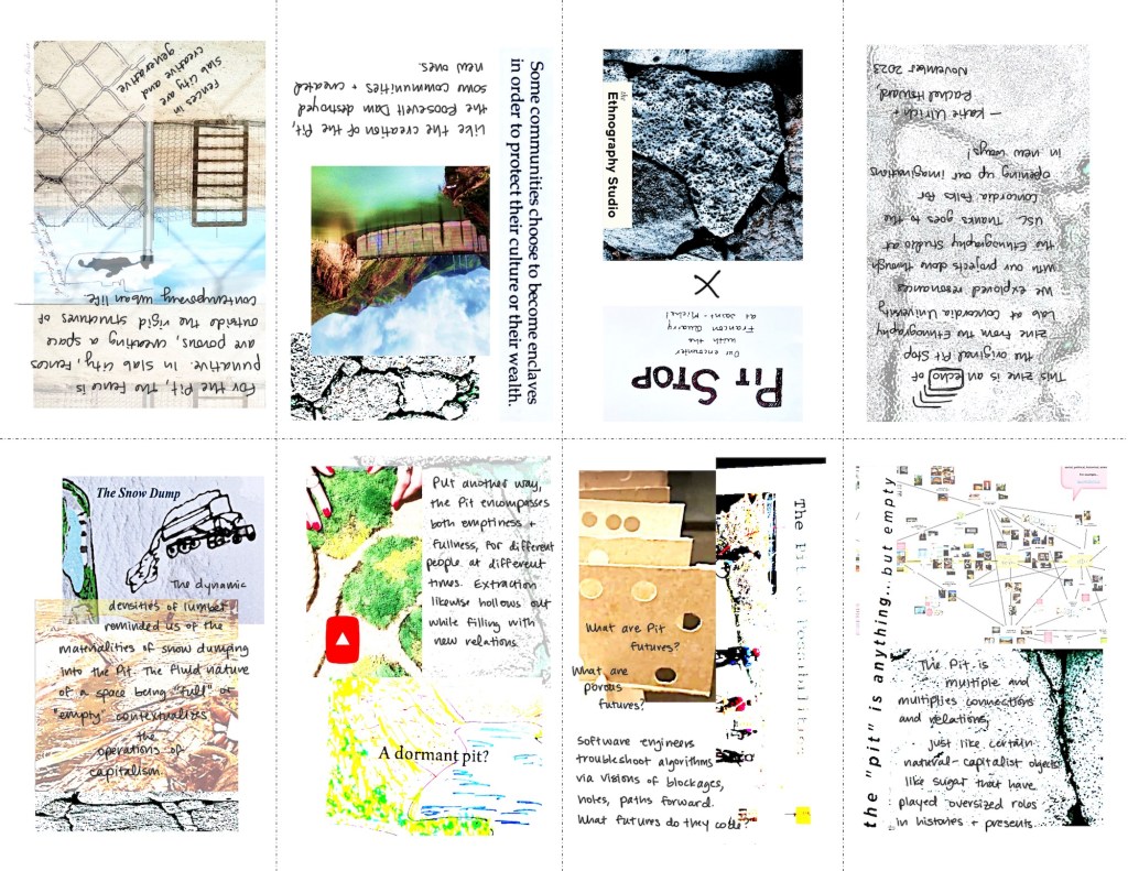 Photo of a zine called Pit Stop. Text is arranged in multiple directions around various kinds of images.