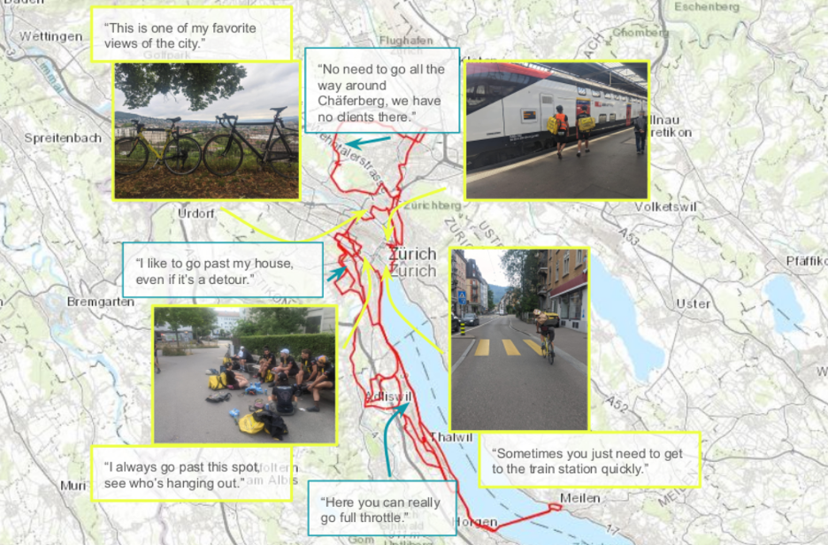 Map of Zurich overlaid with images of trains and cyclists.