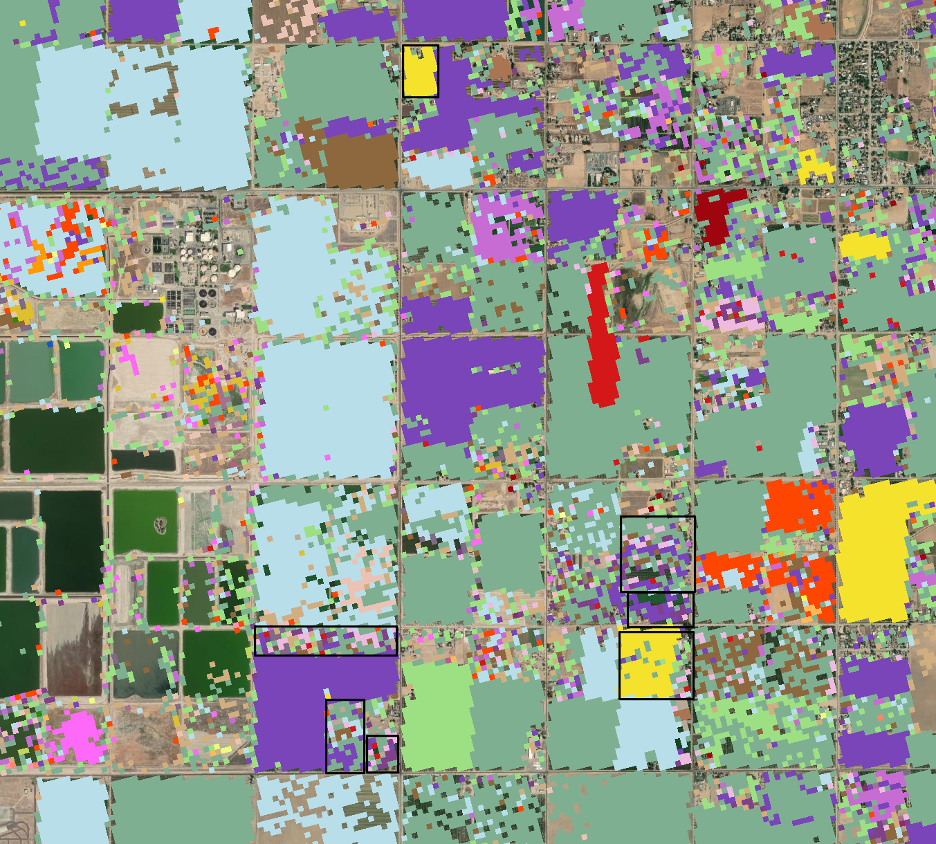 Heavily pixelated and processed aerial map image.