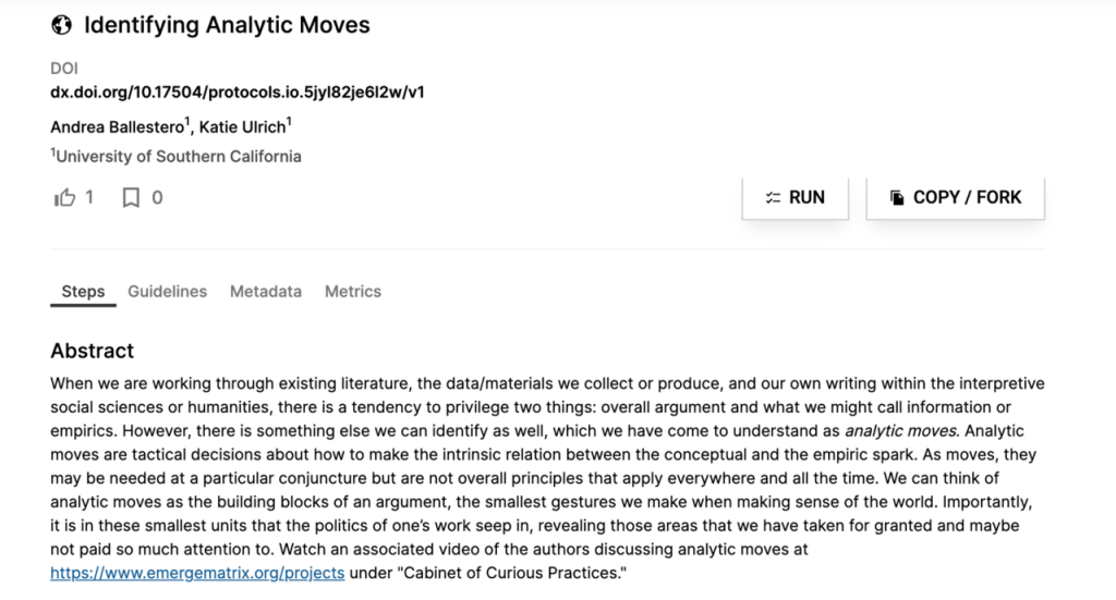 Screenshot of the Identifying Analytic Moves protocol from protocols.io.