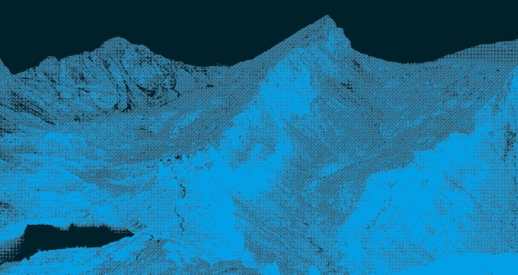 Pixelated blue-tone image of a mountain landscape.