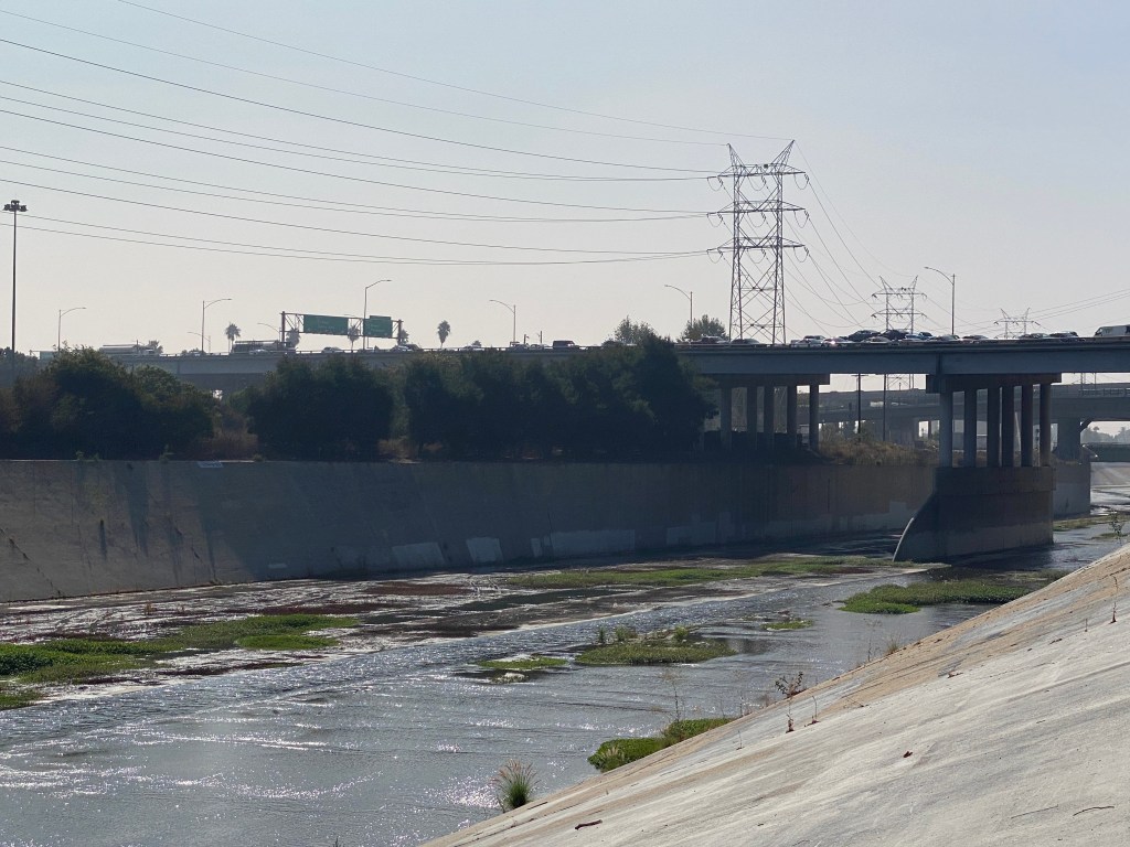 Shallow water and green vegetation in between two concrete embankments. An overpass spans it in the background, with cars traversing across. Dozens of electrical lines are strung overhead.