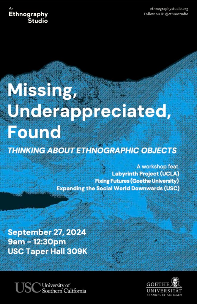 Poster for Missing, Underappreciated, Found workshop. The background image is a pixelated blue-tone image of a mountain landscape.