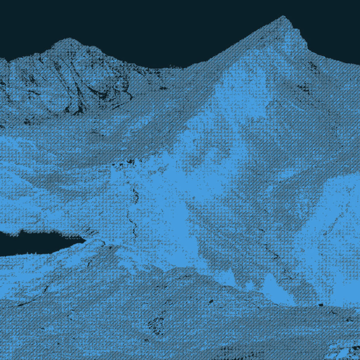 A pixelated blue-tone image of a mountain landscape.