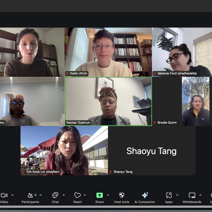 A screenshot of a zoom meeting, with eight people in a grid. Some smile, some look focused.
