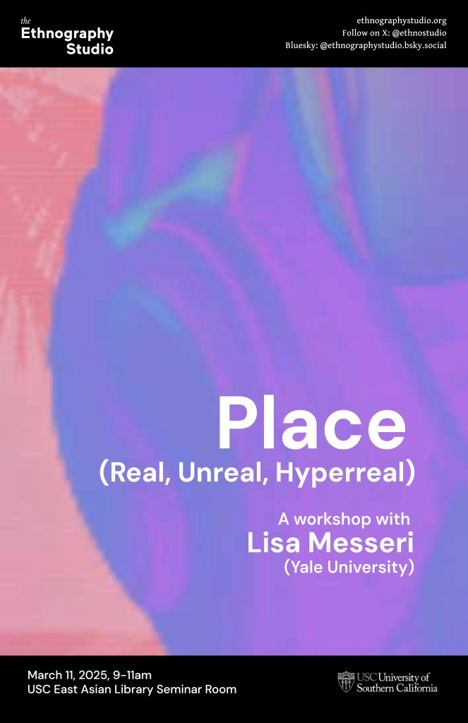 Poster for a workshop on Place. The background image is an abstract array of bright hues of pink, purple, and blue.