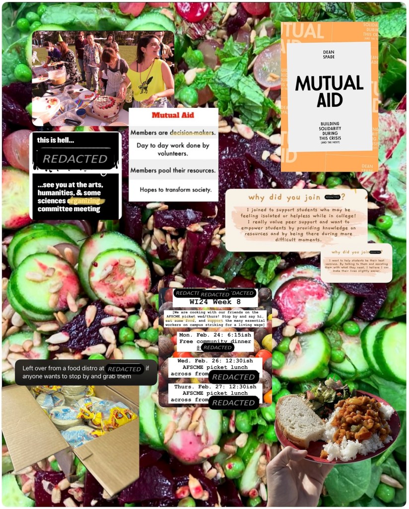 Collage image showing fresh vegetables, people volunteering at a table, plates of food, and screenshots of text such as information about mutual aid.