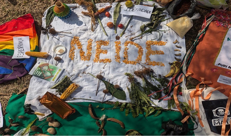 Artwork consisting of fabrics on the ground with "NEIDE" spelled out in corn kernels. Other small corn cobs, leaves, branches, and other items are decoratively arrayed around it.