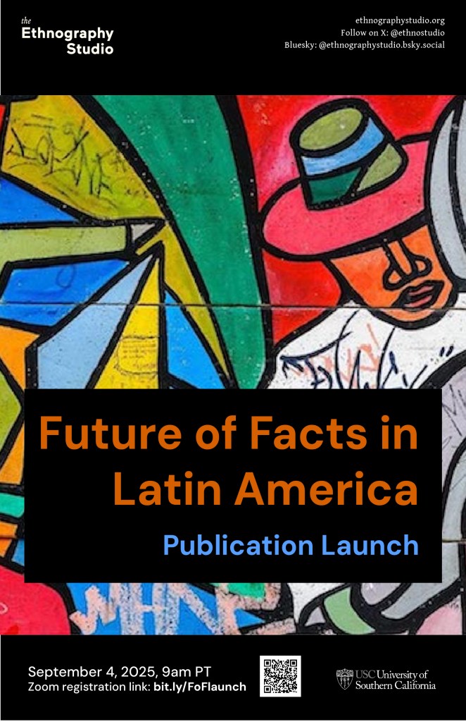 Poster for the Future of Facts in Latin America publication launch. The background image is an abstract artwork with bright primary and secondary colors, representing a man in a hat amid a mosaic background.