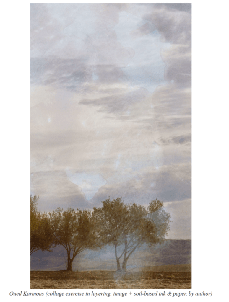 Collage landscape with trees, hills, and a big cloudy sky. The caption says, "Oued Karmous (collage exercise in layering, image + soil-based ink & paper, by author)".