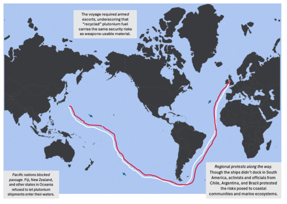 Blue and black map of the world with red and white lines depicting the routes "recycled" plutonium takes around the world.