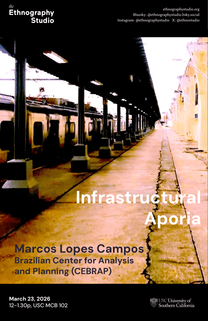Poster for Infrastructural Aporia. Background is a train platform with a passing train.