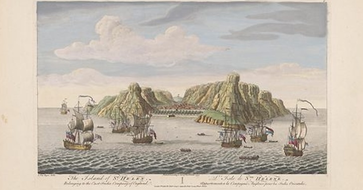 Image of an old painting of an island, ships with sails, and clouds in the background. Cursive text underneath the image says 