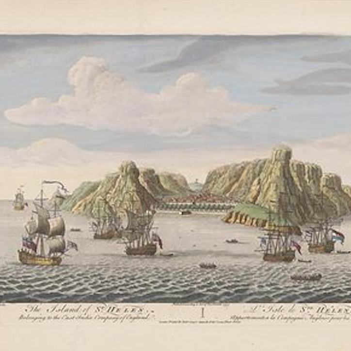 Image of an old painting of an island, ships with sails, and clouds in the background. Cursive text underneath the image says 