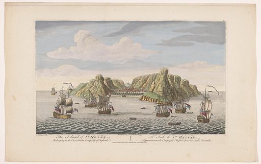 Image of an old painting of an island, ships with sails, and clouds in the background. Cursive text underneath the image says "The Island of St. Helena."