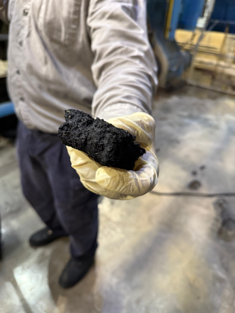 A gloved hand holds up a dark, dense chunk of what looks like wet dirt or even a brownie.