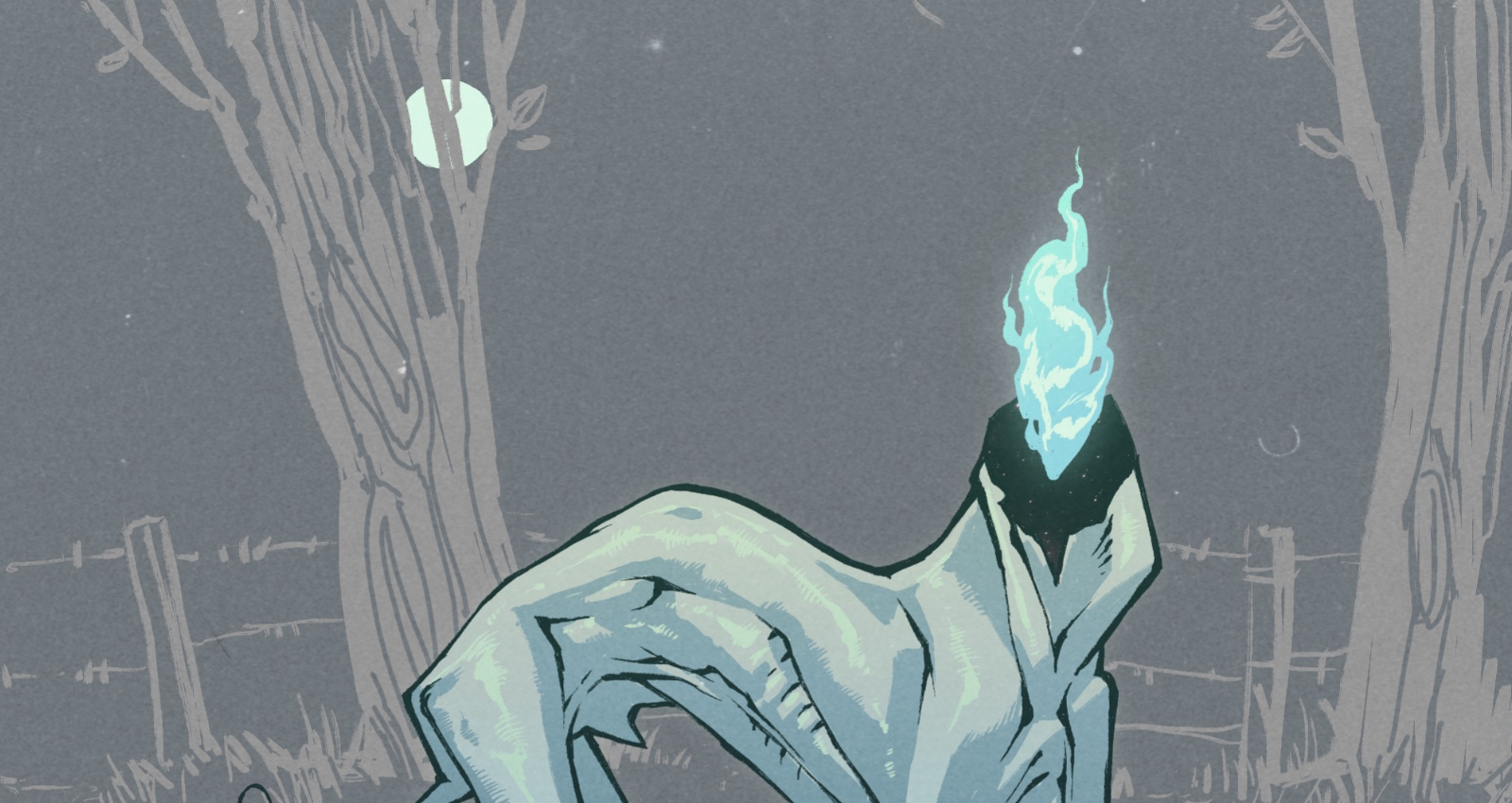 Illustration of an animal body with a blue fire head on a full moon night