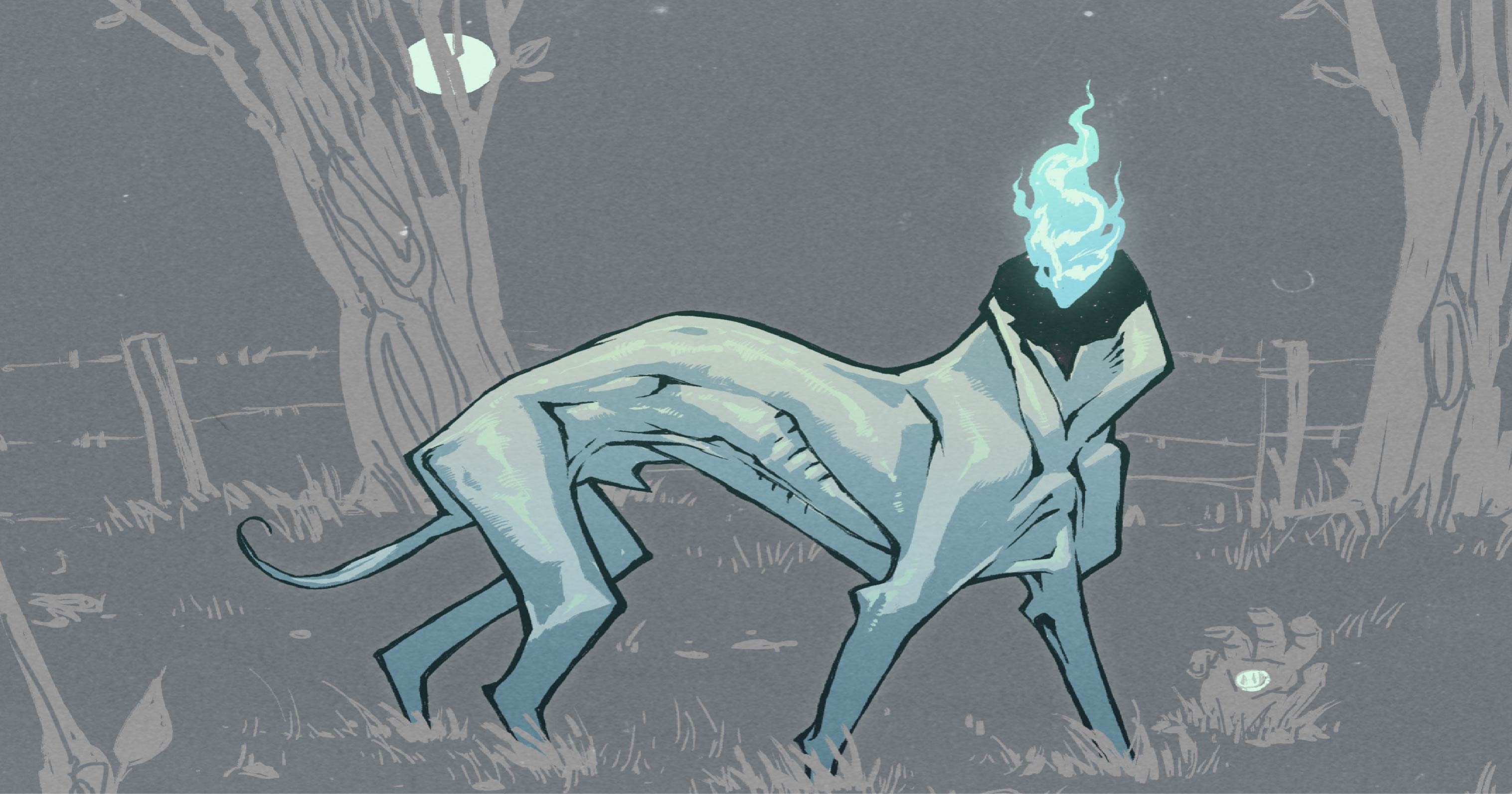 Illustration of an animal body with a blue fire head on a full moon night