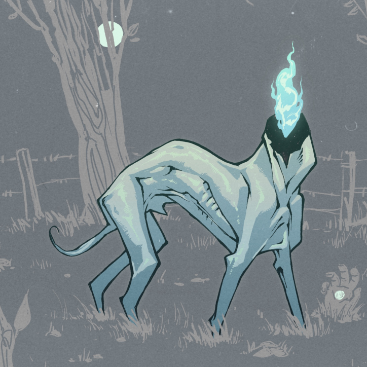 Illustration of an animal body with a blue fire head on a full moon night